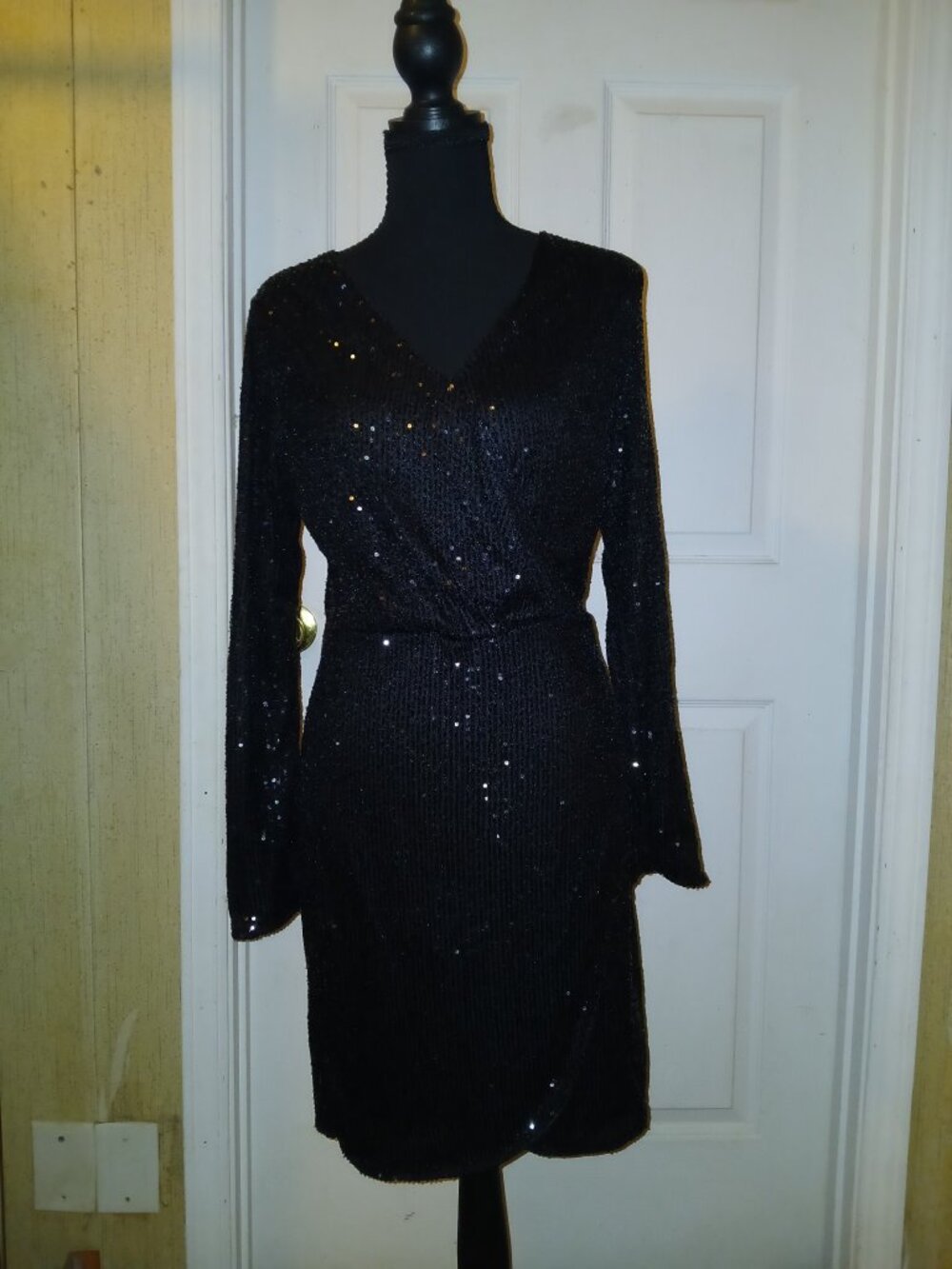 Black Sequin Wrap-Style Dress